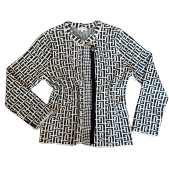 Luxury Knit Sweater Jacket Black + White Geometric Monogram Women's Large - Picture 3 of 15